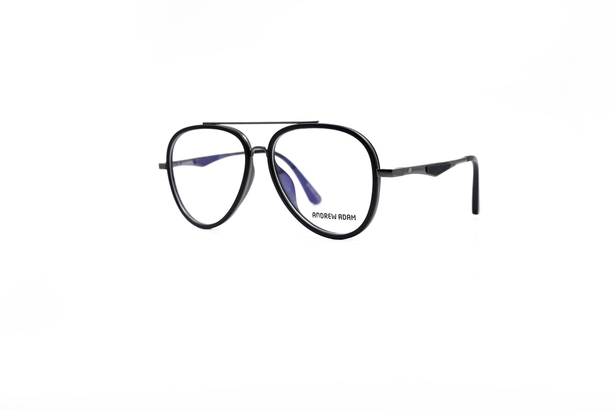 Andrew Adam Black Aviator Full-Rim Clip-On Eyeglasses, Angled optical view, AA E7705C1
