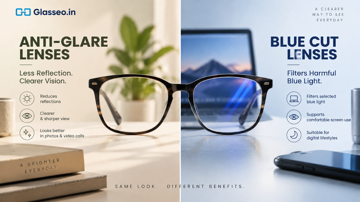 Anti-glare vs blue cut lenses comparison explaining the difference between anti-reflective and blue-light-filtering glasses.