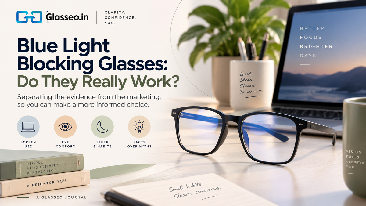 Blue light blocking glasses guide for computer and screen use explaining blue-cut lenses and current evidence.