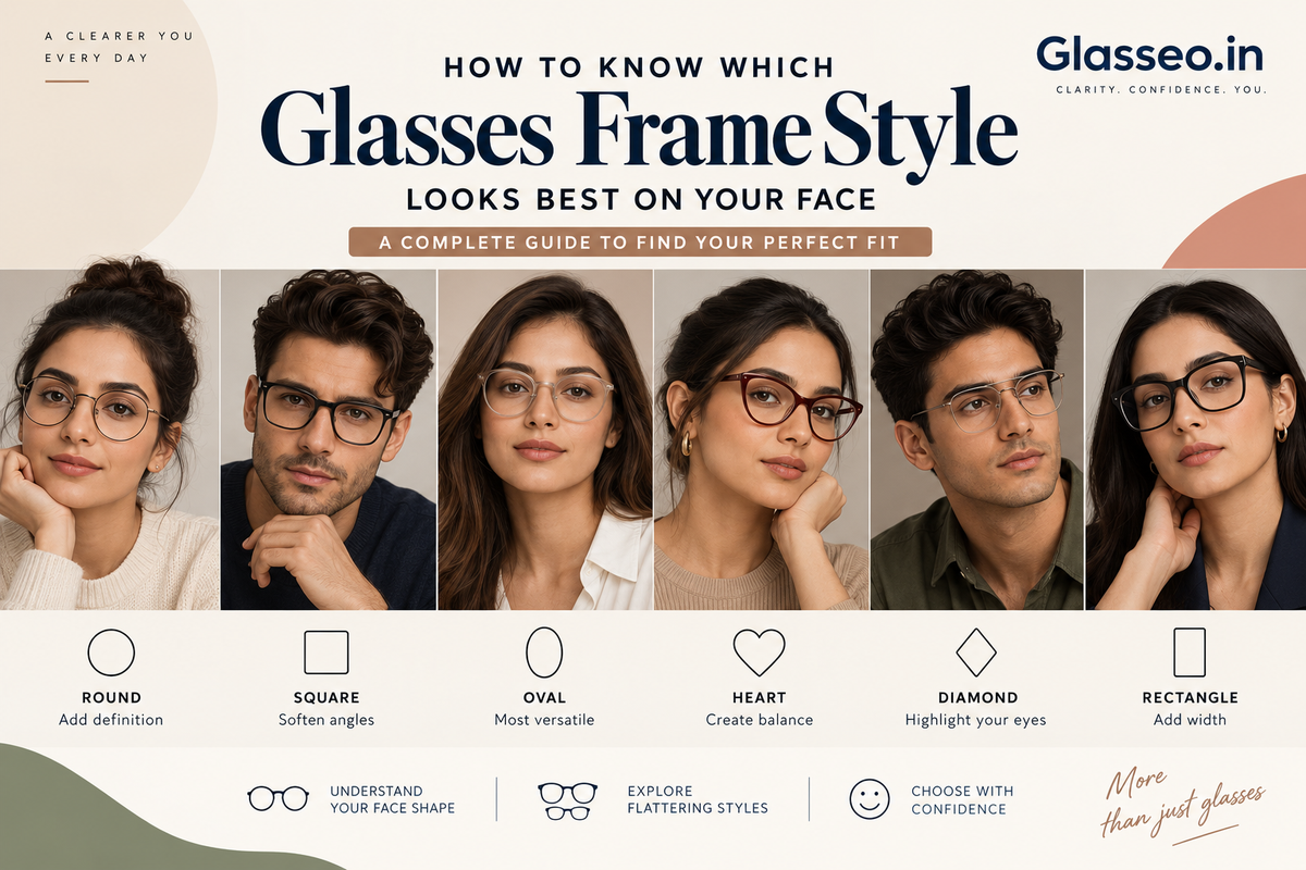 Guide to choosing glasses for round, square, oval, heart, diamond and rectangle face shapes.