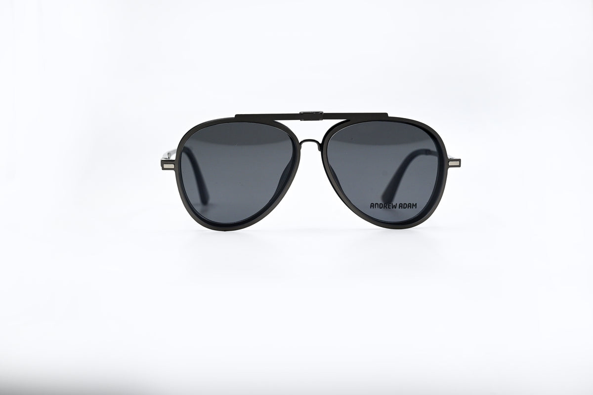 Andrew Adam Black Aviator Full-Rim Clip-On Eyeglasses, Dark clip-on lens view, AA E7705C1