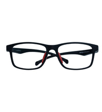 Black eyeglasses with red accents on a white background