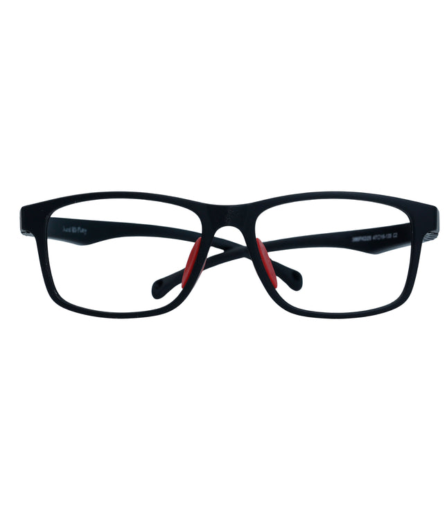 Black eyeglasses with red accents on a white background