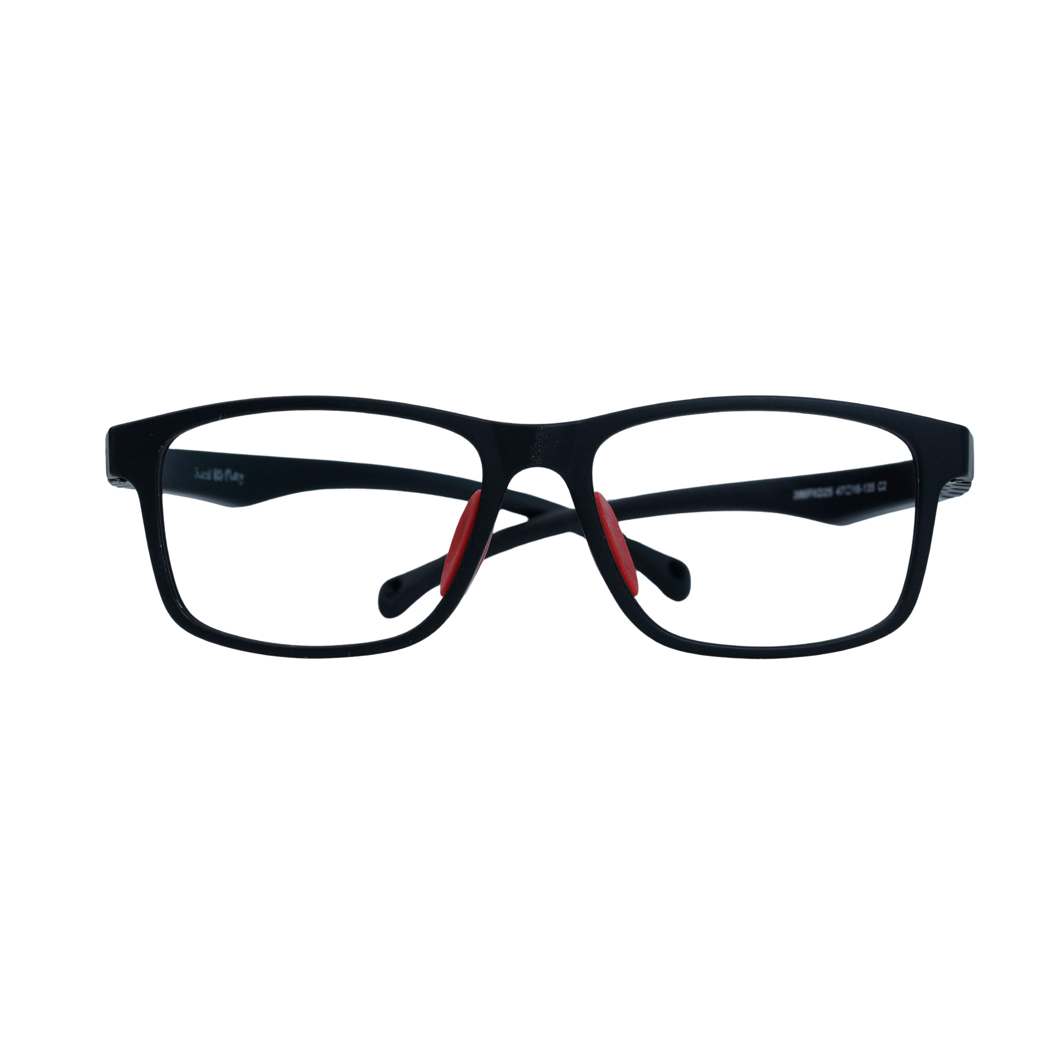 Black eyeglasses with red accents on a white background