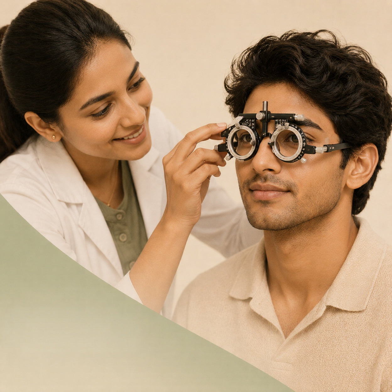 A man wearing an optometrist's trial frame with adjustable lenses, having an eye exam with a female optometrist in a white lab coat.